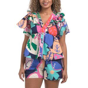 CIEBON Pink Multi Summerlyn Cotton Print Ruffled Top